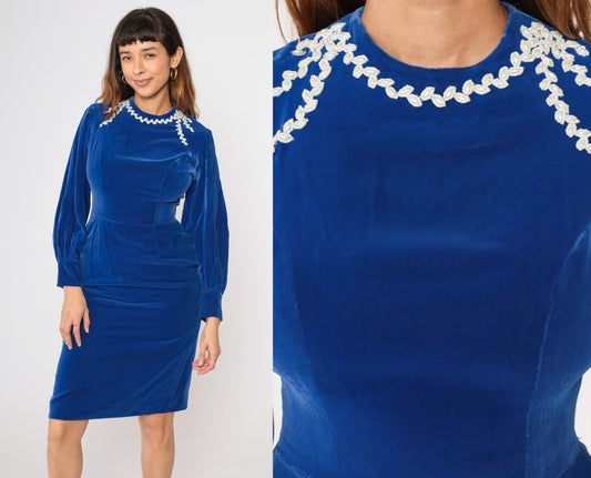 60s Blue Velvet Beaded Cocktail Dress Long Sleeve Sheath Pencil Knee Length Small