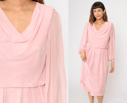 80s Susan Howard California Pink Chiffon Cowl Neck Midi Dress Medium M