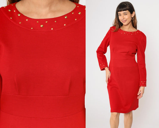 80s Nicole Studio Red Studded Knit Dress Gold Trim Pencil High Waist Medium