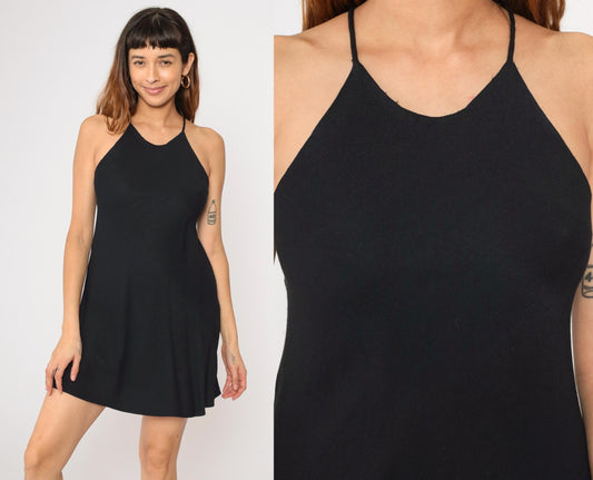 90s Black Mini Dress Racerback Spaghetti Strap A-Line Small S