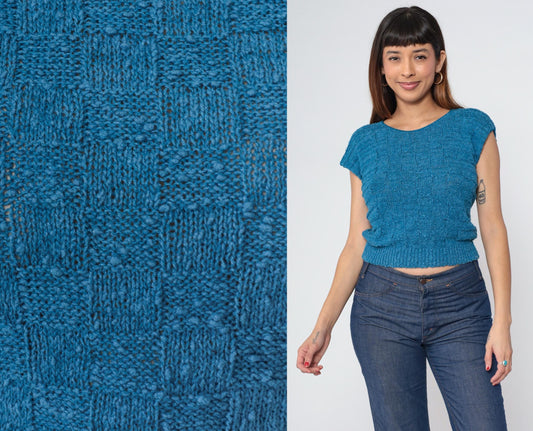 80s Blue Checkered Knit Cropped Top Cap Sleeve Small S