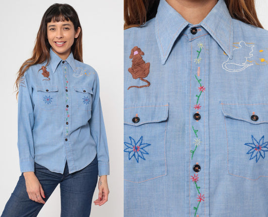 70s Montgomery Ward Chambray Shirt Embroidered Saguaro Cactus Mouse Blue Small