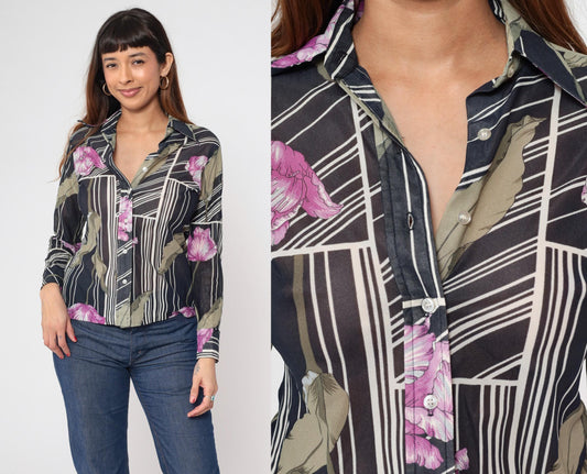 70s Sheer Floral Striped Blouse Black Dagger Collar Button Up Small