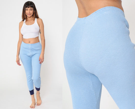 80s Baby Blue Waffle Knit Thermal Pants Long Johns Small Medium