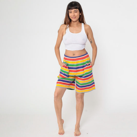 90s Marisa Christina Striped Shorts Elastic Waist Cotton Rainbow Large L