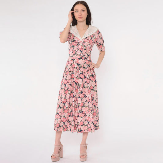 80s Laura Ashley Pink Floral Midi Dress Puff Sleeve Double Breasted Small