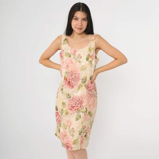 90s Newport News Floral Jacquard Sheath Dress Cream Pink Mini Small