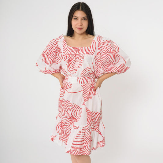80s Periphery Loungewear Tropical Leaf Print Midi Dress Red White Large L