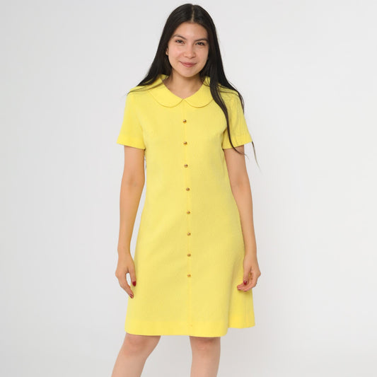 60s Yellow Shift Dress Peter Pan Collar Mini Length Short Sleeve Small