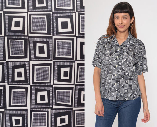 Y2K Geometric Op Art Button-Up Blouse Black White Square Print Large