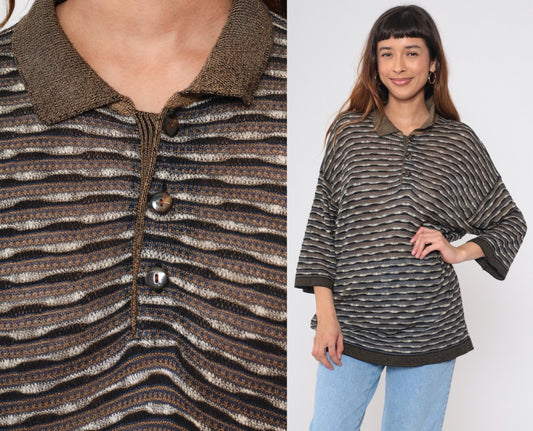 90s Mondo di Marco Striped Knit Polo Sweater Button Collar 3/4 Sleeve Large