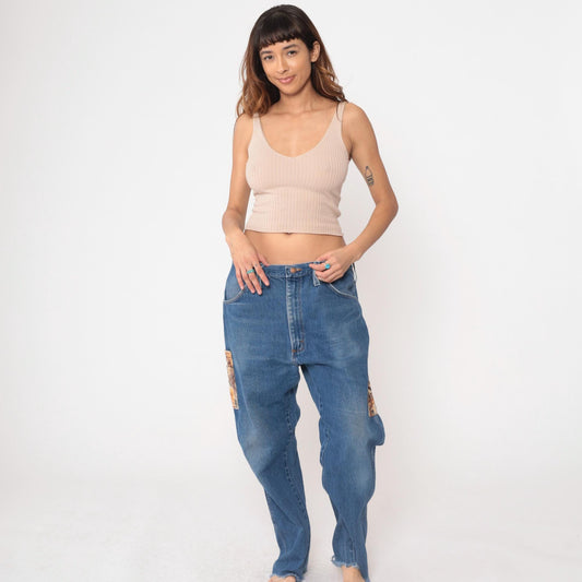90s Rustler Animal Print High Rise Straight Leg Denim Jeans Blue 36