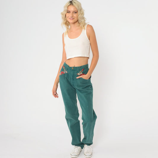 90s Roper Forest Green Denim Jeans Southwestern Patchwork High Waist Small