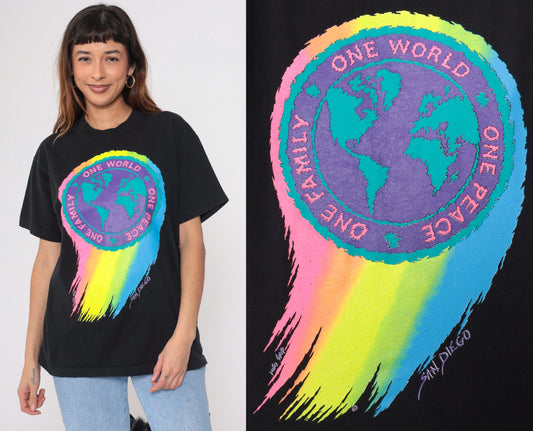 90s One World One Peace Rainbow Globe Graphic T-Shirt Black Cotton Medium