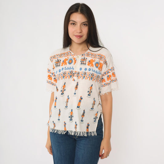Y2K Thailand Souvenir Shirt White Cotton Elephant Print Fringe Small