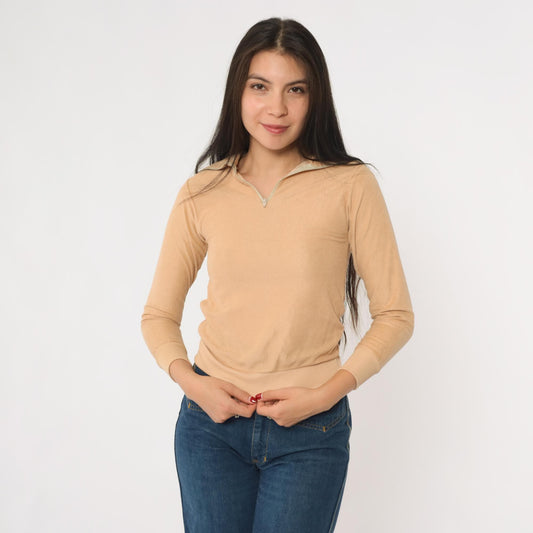 80s Tan Velour Quarter Zip Sweatshirt Fleece Pullover Youth Extra Small XXS