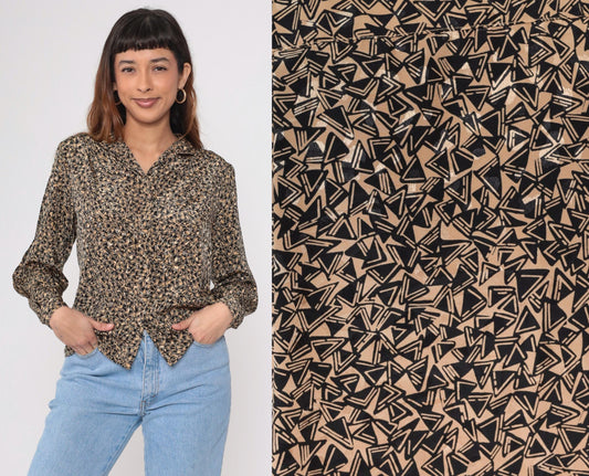 80s Geometric Jacquard Button Up Blouse Tan Black Puff Sleeve Small