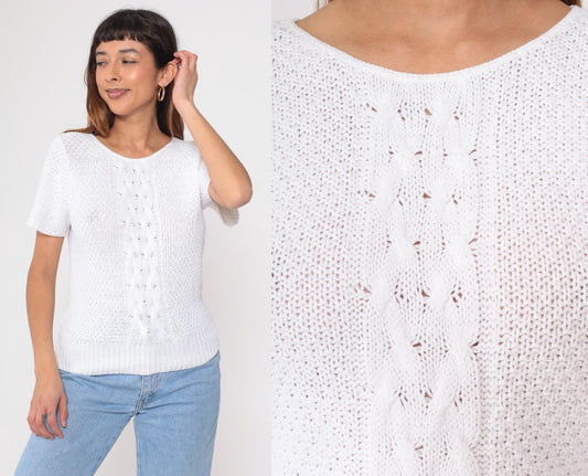 80s Yarn Spinners Cable Knit Sweater Top White Cotton Short Sleeve Extra Small