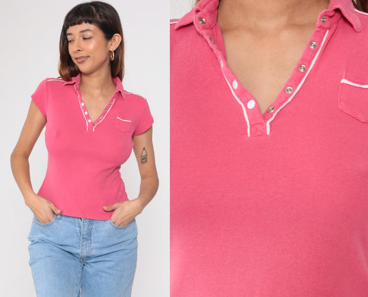 90s Energie Pink Polo Shirt White Piping Snap Button Collared Small