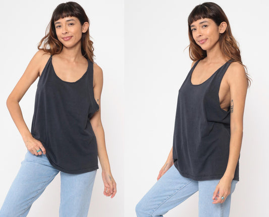 90s Black Fruit of the Loom Tank Top Low Armhole Scoop Neck Medium Large