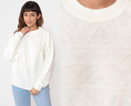 80s Club International Cable Knit Sweater White Crew Neck Medium M
