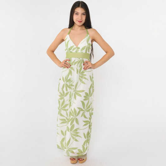 Y2K White Floral Halter Maxi Dress Green Print Empire Waist Medium