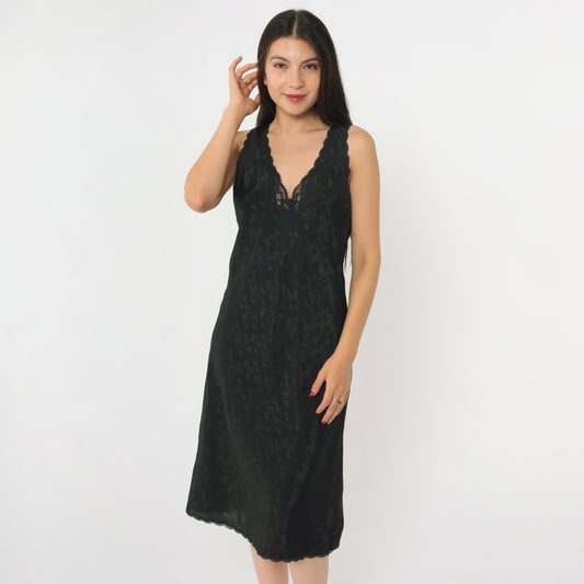 90s Barbizon Black Floral Jacquard Slip Dress Lace Trim Deep V Small