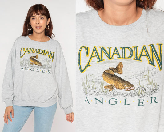90s Canadian Angler Embroidered Fish Sweatshirt Grey Crewneck Extra Large XL
