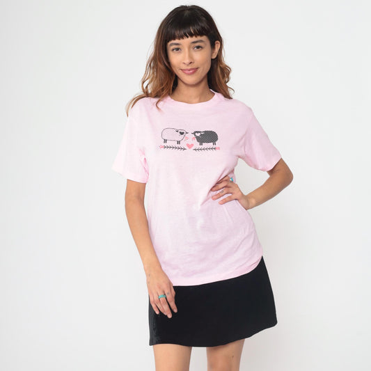 80s CHED Pink Sheep Graphic T-Shirt Cotton Blend Heart Print Large L