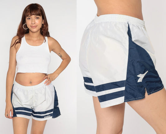 90s Diadora Soccer Shorts White Navy Nylon Athletic Track Large L