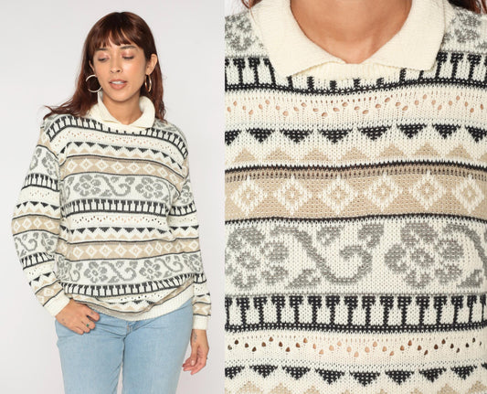 90s Alfred Dunner Geometric Floral Cream Collared Knit Sweater Medium M