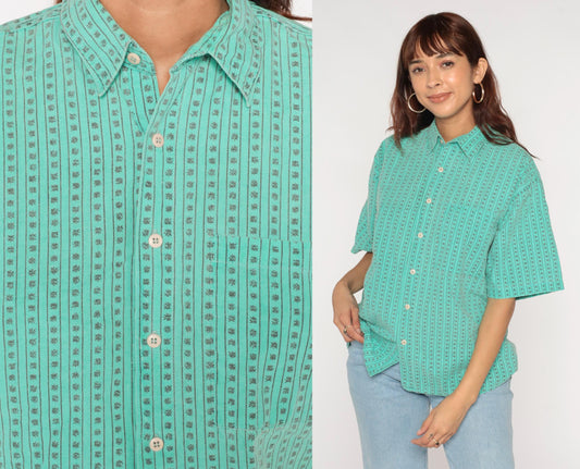 90s Green Striped Stamp Print Button-Up Shirt Boxy Fit Medium