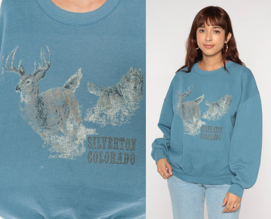 90s Silverton Colorado Wolf Deer Graphic Sweatshirt Blue Crewneck Extra Large