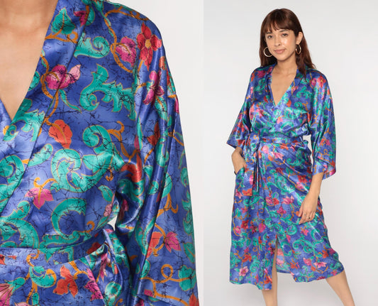 90s Purple Floral Satin Midi Robe Wrap Front Tie Belt Large