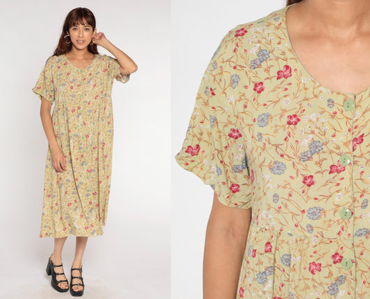 90s Sostanza Floral Button-Up Midi Dress Avocado Green High Waist Medium Large