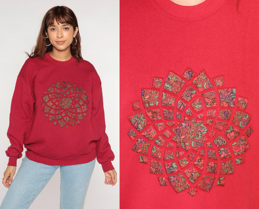 90s Jerzees Quilted Mandala Sweatshirt Deep Red Crewneck Large L