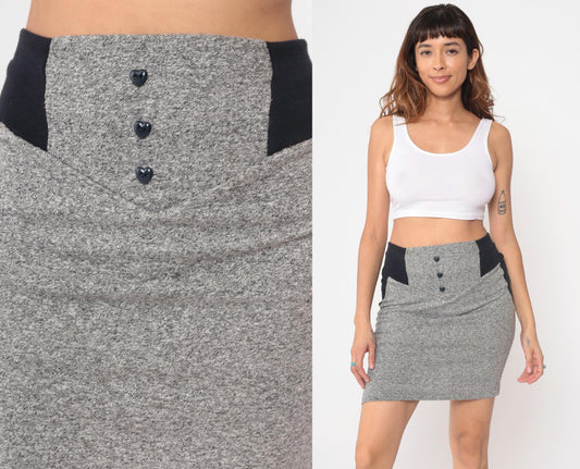 90s Grey Mini Skirt High Waist Heart Button Bodycon Small S