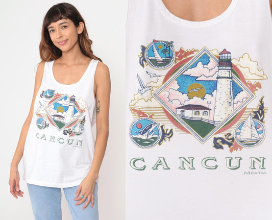 90s Cancun Mexico Tank Top White Lighthouse Sailboat Graphic Large L