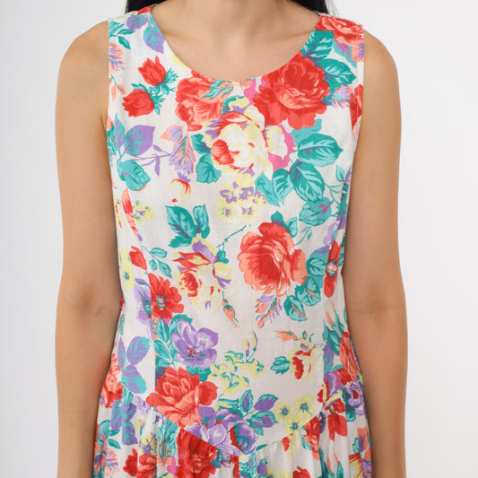 80s Eber San Francisco Floral Maxi Dress Sleeveless Tiered Skirt Medium