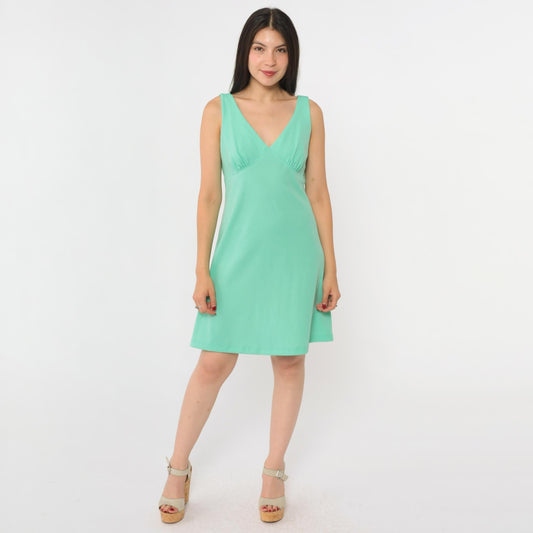 70s Mint Green Mini Dress V-Neck Empire Waist Sleeveless Disco Medium M
