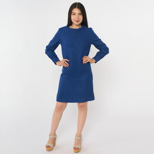 60s Blue Mod Shift Mini Dress Long Sleeve Rear Zip Extra Small