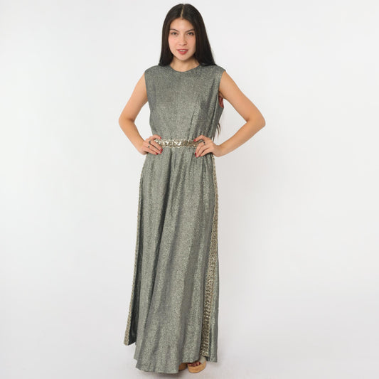 70s Silver Sequined Maxi Dress High Waisted Sleeveless Evening Gown Small