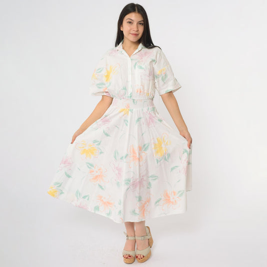 80s Carol Anderson Floral Midi Dress Pastel Watercolor Smocked Waist Small