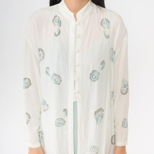 90s White Peacock Feather Kimono Cotton Midi Open Front Band Collar Medium Large