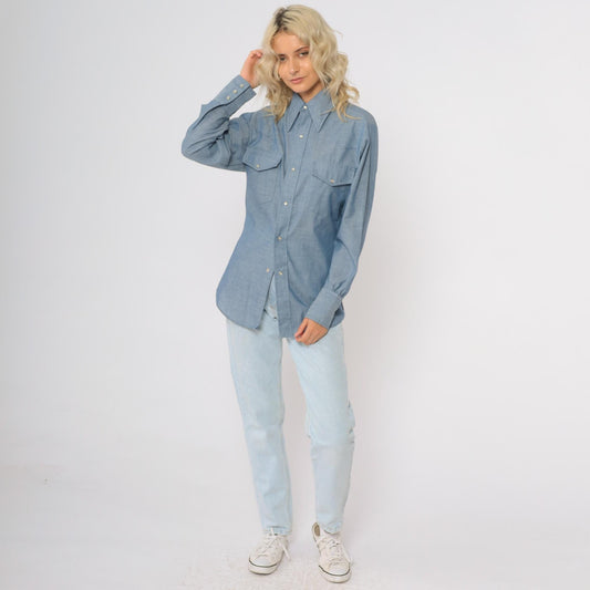 70s Continental Casuals Western Chambray Shirt Blue Pearl Snap Small