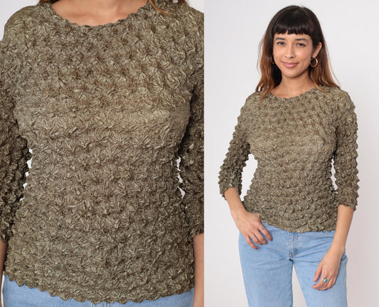 Y2K Green Popcorn Texture Short Sleeve Blouse XS-XL