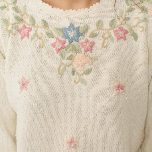 90s Carolyn Taylor Cream Floral Embroidered Sweater Small S
