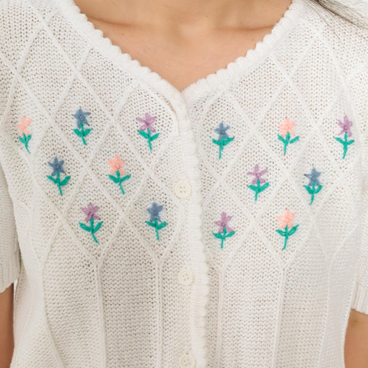 80s Astorone White Cardigan Short Sleeve Embroidered Floral V-Neck Medium M