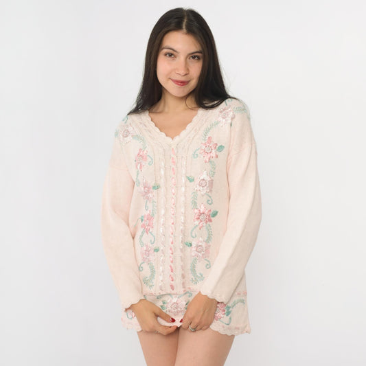 90s Carolyn Taylor Pink Floral Embroidered Knit Sweater V-Neck Medium M