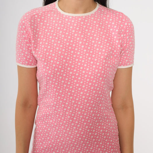 70s Catalina Sportswear Pink Polka Dot Mini Dress White Trim Large